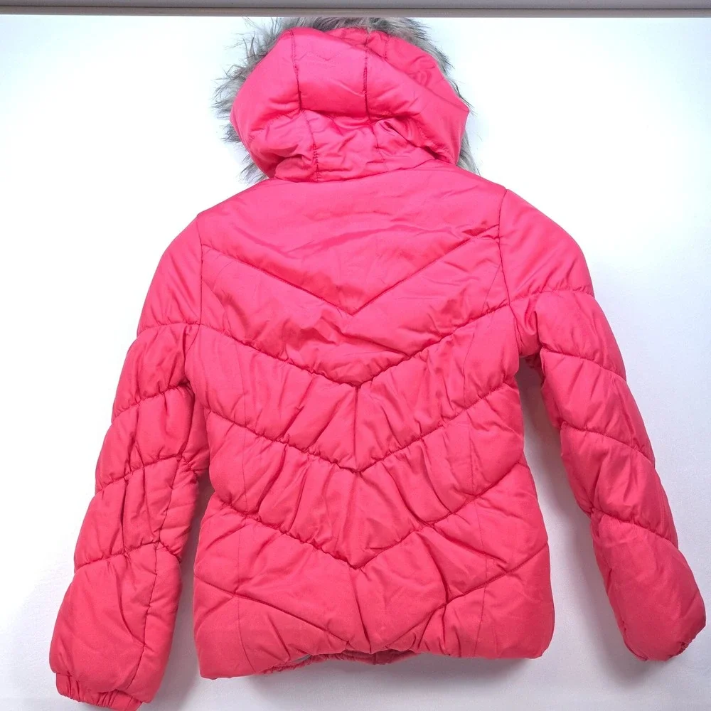 London Fog‎ Lined Puffer Jacket Girl's Large Fur Trim Hood Insulated Preppy Fun